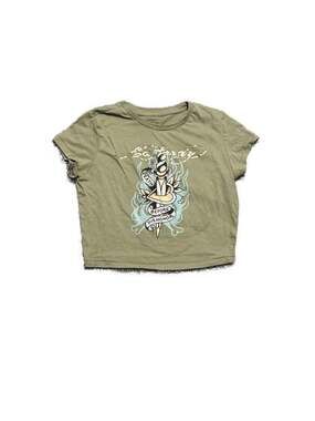 Ed Hardy Women's Olive Green Death Before Dishonor Graphic Crop T-Shirt Size L